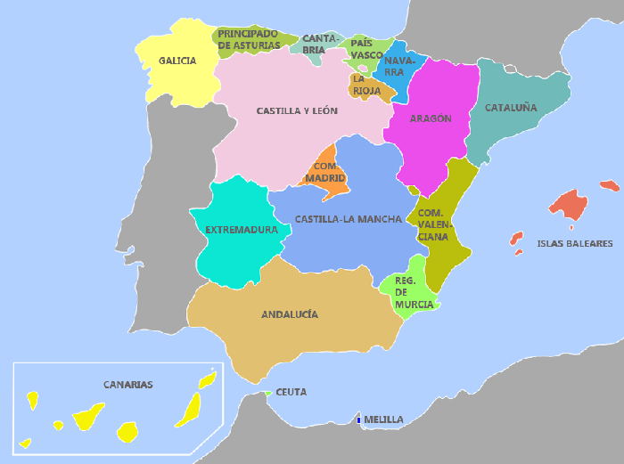 Испании состоит из 17 автономных областей и двух автономных городов